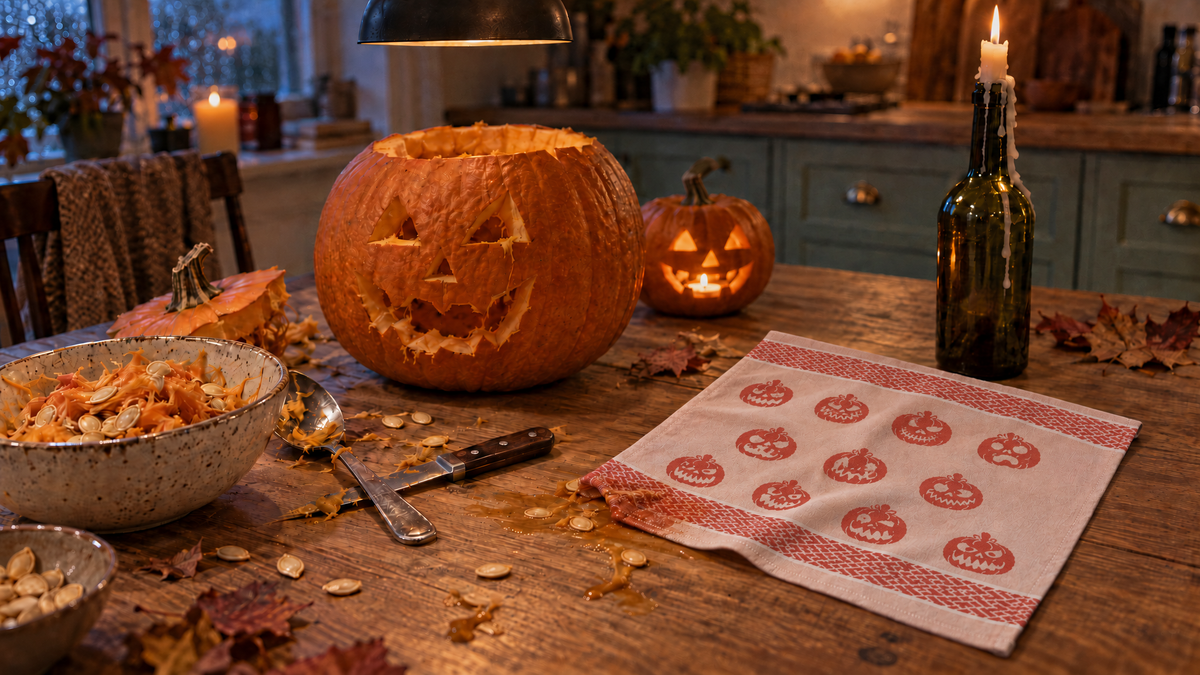 Saugfähiges Geschirrtuch mit Kürbismotiv von saewelo nimmt Kürbissaft beim Kürbisschnitzen auf, Halloween-Abend in der Küche