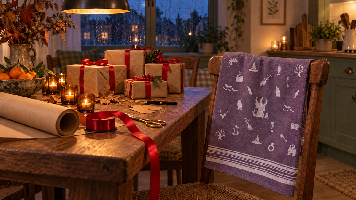 Lila Geschirrtuch mit Magie-Motiv von saewelo über einer Stuhllehne, daneben Geschenke in Kraftpapier mit roter Schleife als Geschenkidee